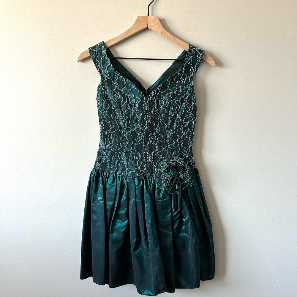 Green Shimmer Lace 80s Prom Dress
